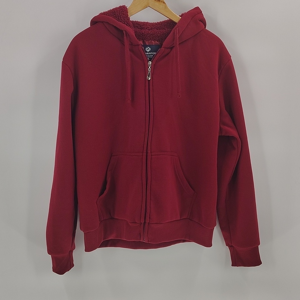 Lee Han Ton Maroon Zip Sherpa Jacket Size XL Front Pockets Hooded